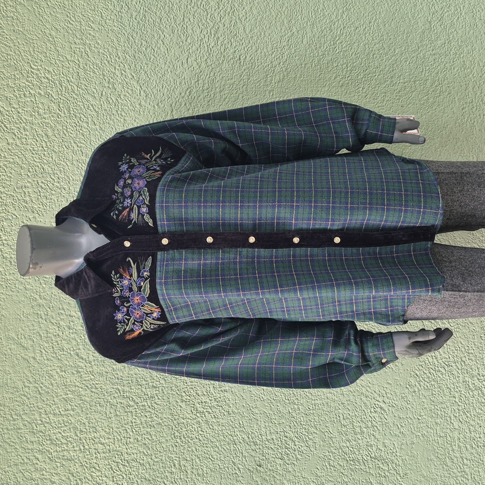 Solutions Blues Ladies Pure Cotton Embroidered Plaid Shirt W/Black Velvet Trim